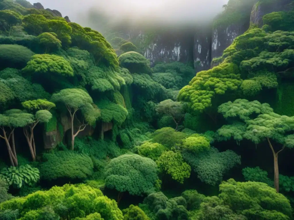 Un bosque exuberante en Uruguay con petroglifos indígenas antiguos tallados en rocas, iluminados por la luz del sol