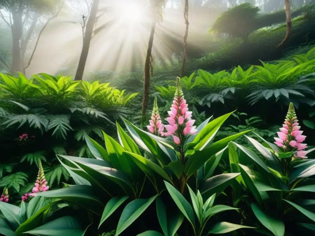 Un bosque exuberante en Uruguay con plantas tóxicas como Digitalis purpurea, Nerium oleander y Dieffenbachia seguine