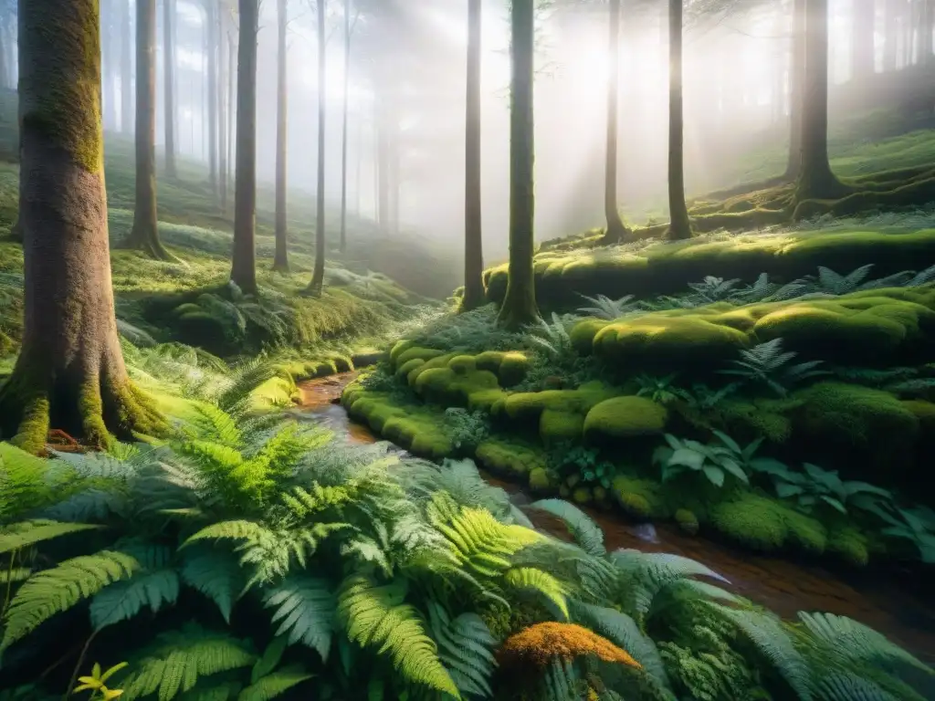 Un bosque exuberante en Uruguay con rayos de sol filtrándose, sombras en el suelo cubierto de musgo y helechos, y un arroyo serpenteante al fondo