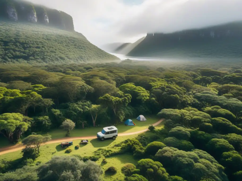 Un bosque exuberante y sereno en Uruguay, con un río cristalino y campistas practicando principios de 'historia del camping en Uruguay'