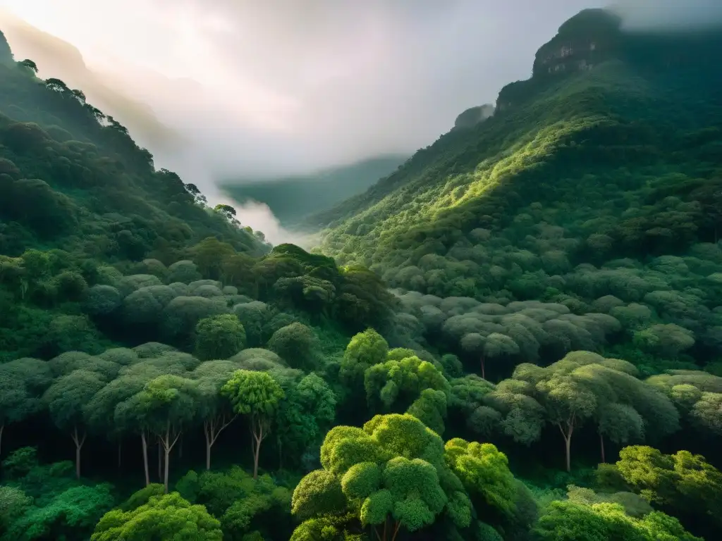 Un bosque exuberante en Valle de Lunarejo, con luz solar filtrándose entre el dosel, resaltando la biodiversidad