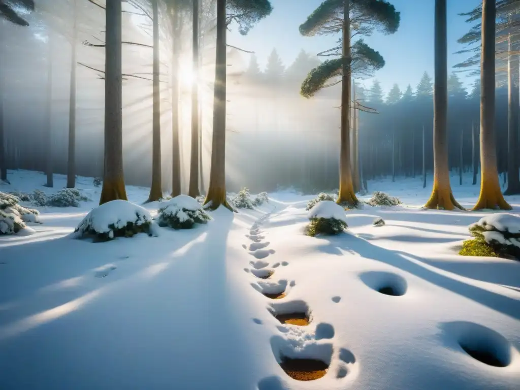 Un bosque nevado en Uruguay, con árboles altos cubiertos de nieve y huellas de animales