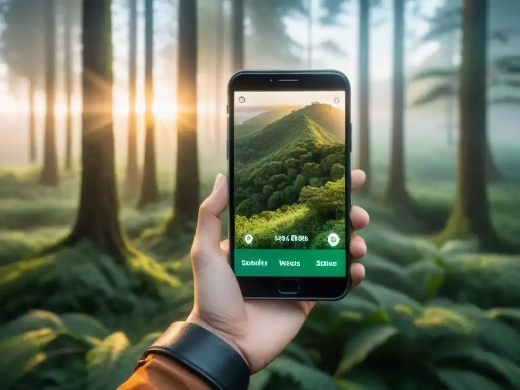 Un bosque verde exuberante en Uruguay al amanecer, con una app de monitoreo ambiental en un smartphone