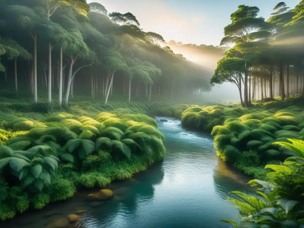 Un bosque verde exuberante en Uruguay, con un arroyo cristalino serpenteando entre los árboles