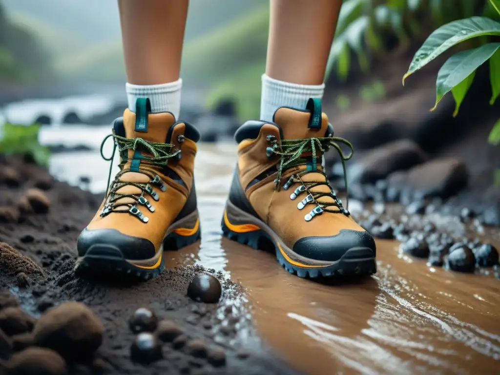 Botas impermeables para camping Uruguay: Detalle de botas embarradas rodeadas de exuberante vegetación en un sendero desafiante