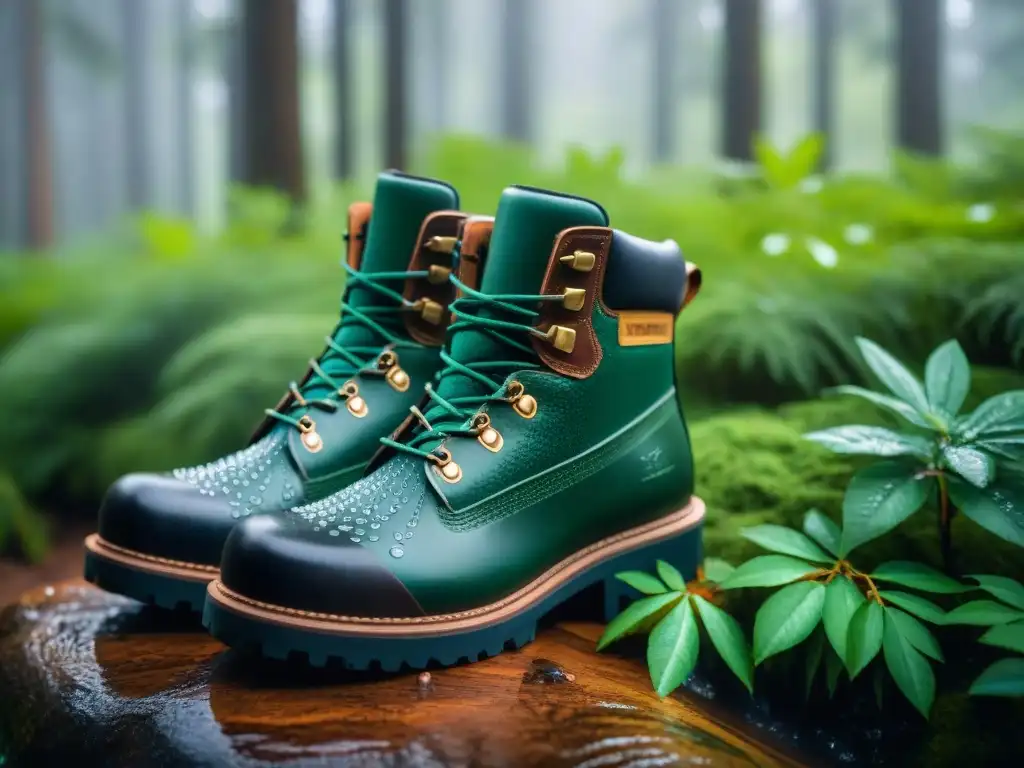 Botas impermeables para camping en Uruguay: detalle de botas de alta calidad cubiertas de gotas de agua, en un bosque verde con luz solar filtrándose