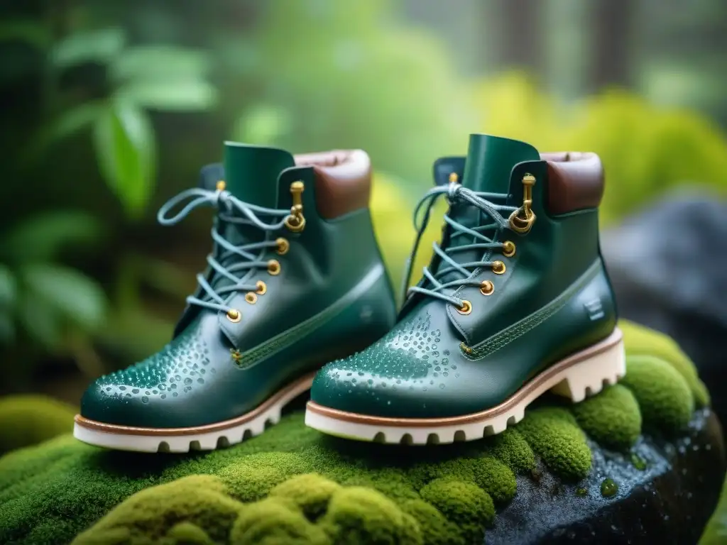 Botas impermeables para camping en Uruguay sobre roca musgosa en un bosque verde y soleado