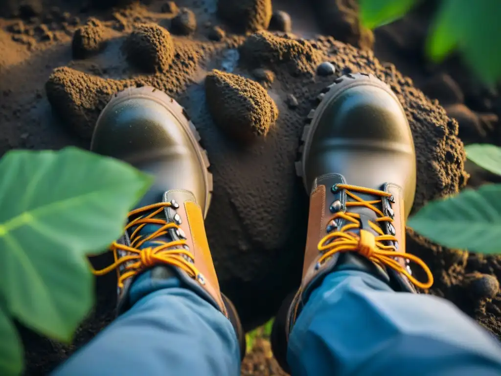 Botas de senderismo cubiertas de barro en terreno rocoso rodeado de vegetación exuberante en Uruguay, consejos protección fauna camping