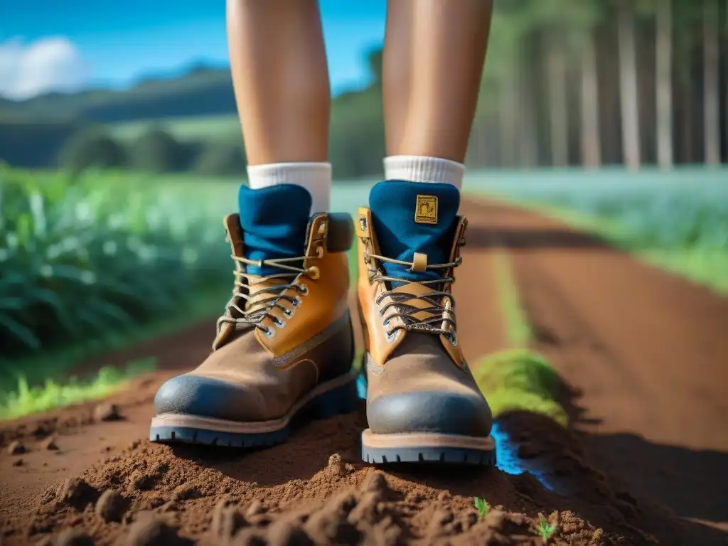 Botas de senderista en encrucijada en sendero verde de Uruguay con lodo y árboles altos, memorización rutas senderos Uruguay