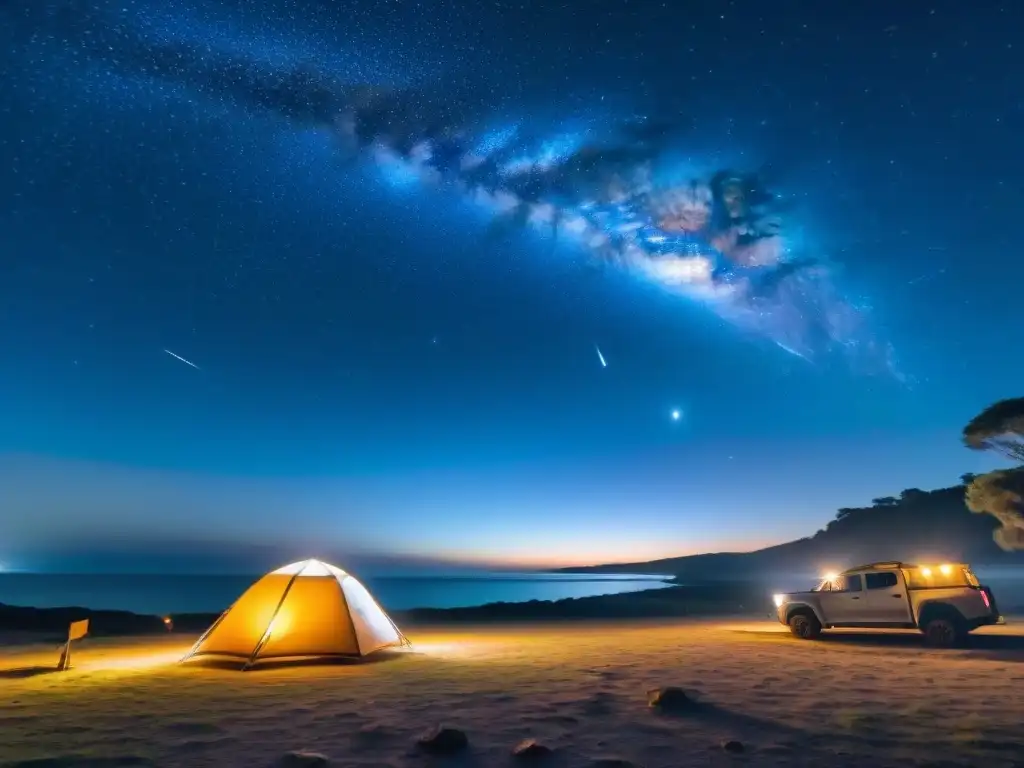 Brillante noche estrellada en camping Uruguay con lluvia de meteoros, campistas asombrados y la Vía Láctea en el cielo