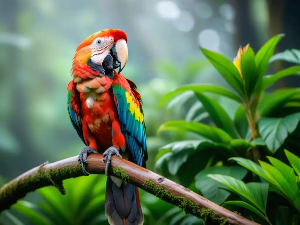 Un brillante Guacamayo Escarlata posado en una rama de árbol en la exuberante selva tropical de Uruguay