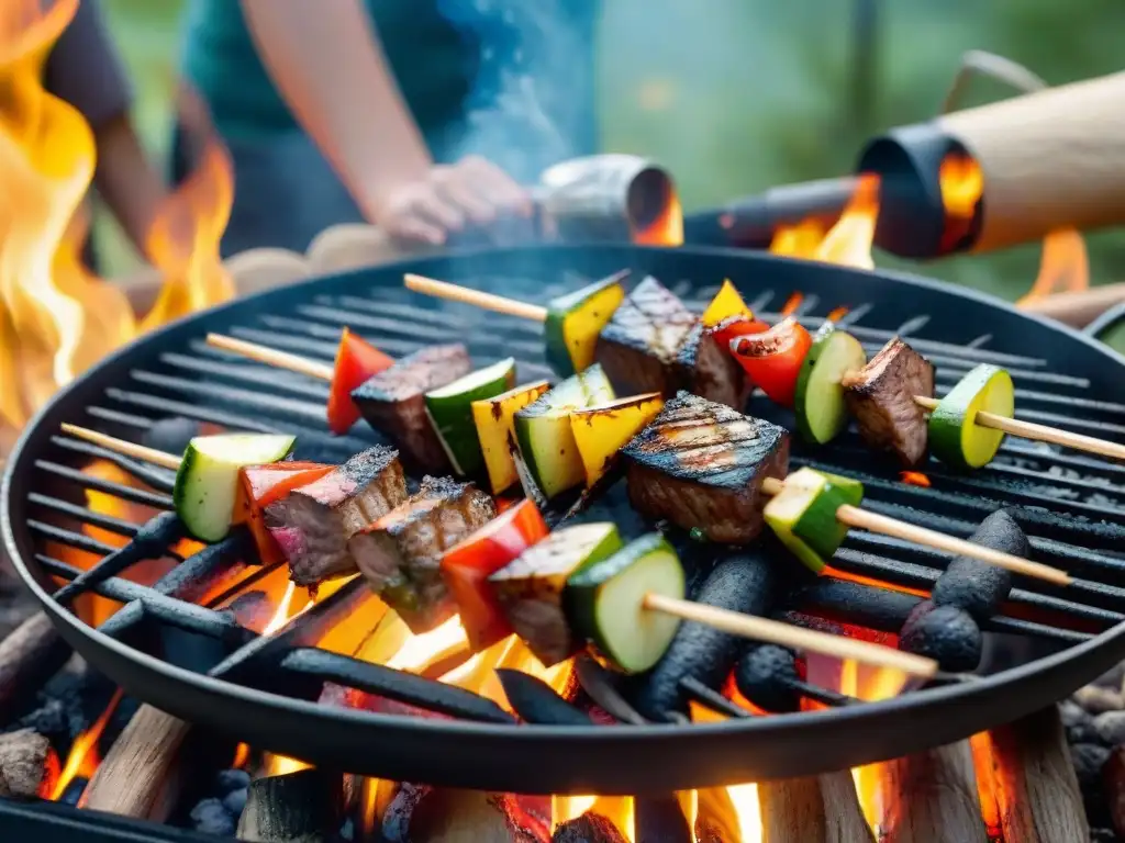 Brochetas marinadas cocinándose en la parrilla sobre fogata en camping