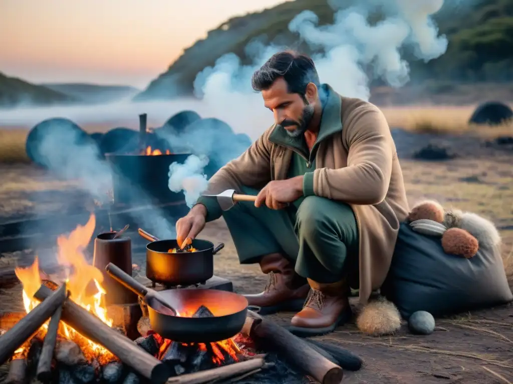 Bushcrafter preparando recetas bushcraft camping en la naturaleza de Uruguay