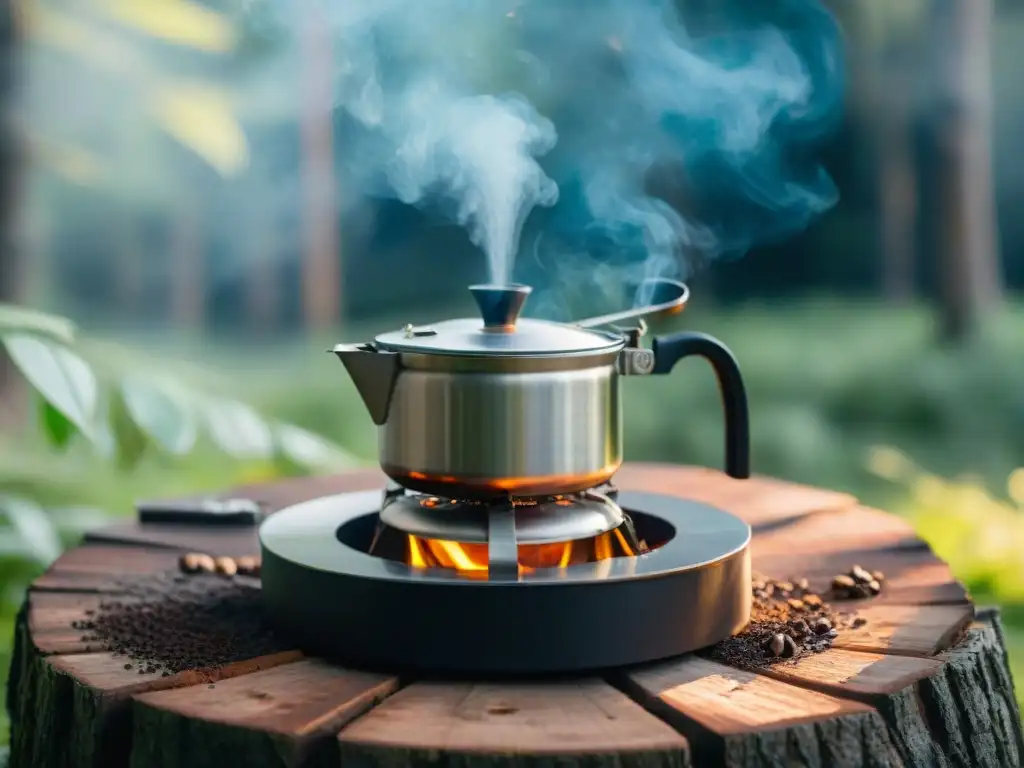 Un café recién hecho en una estufa de camping en medio de la naturaleza