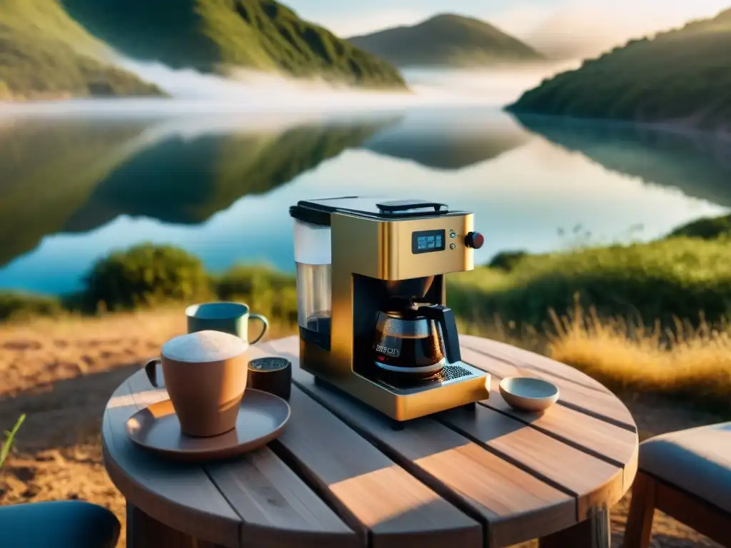 Cafetera portátil para camping en Uruguay preparando café al amanecer junto a un lago tranquilo y exuberante naturaleza