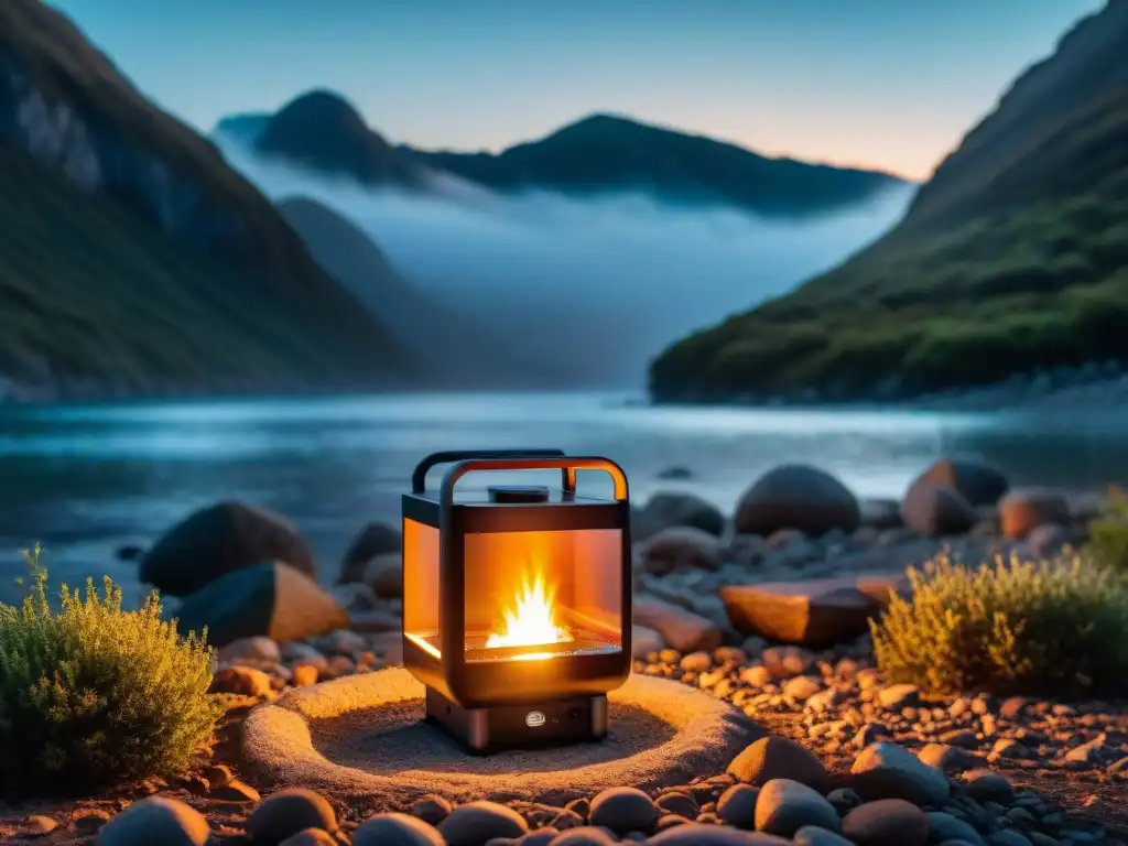 Un calentador portátil para camping nocturno iluminando cálidamente a un grupo de campistas en Uruguay