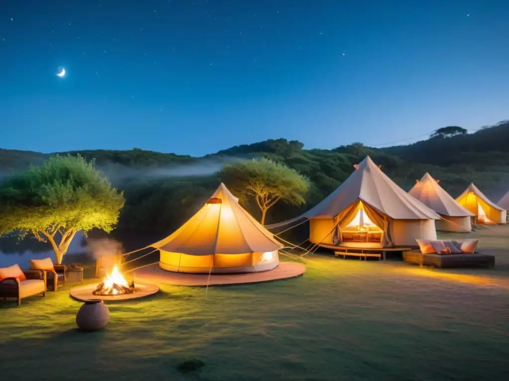 Cálida velada en un glamping en Uruguay, con huéspedes compartiendo historias bajo las estrellas