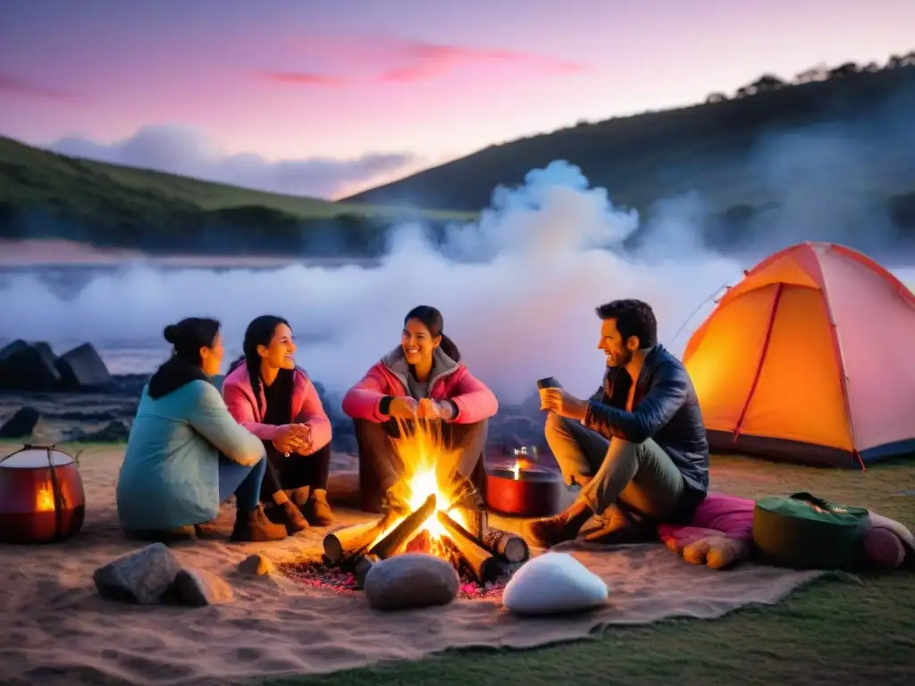 Un cálido atardecer en el camping familiar en Uruguay, con una familia alrededor de la fogata, creando un ambiente acogedor