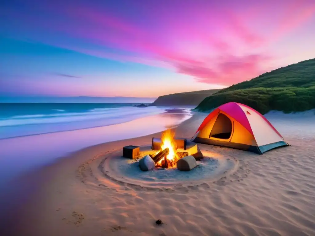 Cálido atardecer en playa de Uruguay con amigos disfrutando de campamento seguro y consejos de seguridad