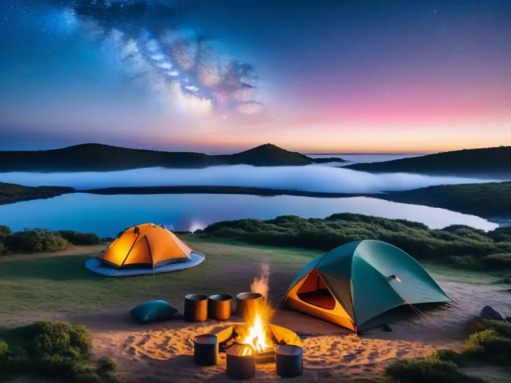 Cálido campamento en Laguna Garzón al atardecer en Uruguay con las mejores bolsas de dormir