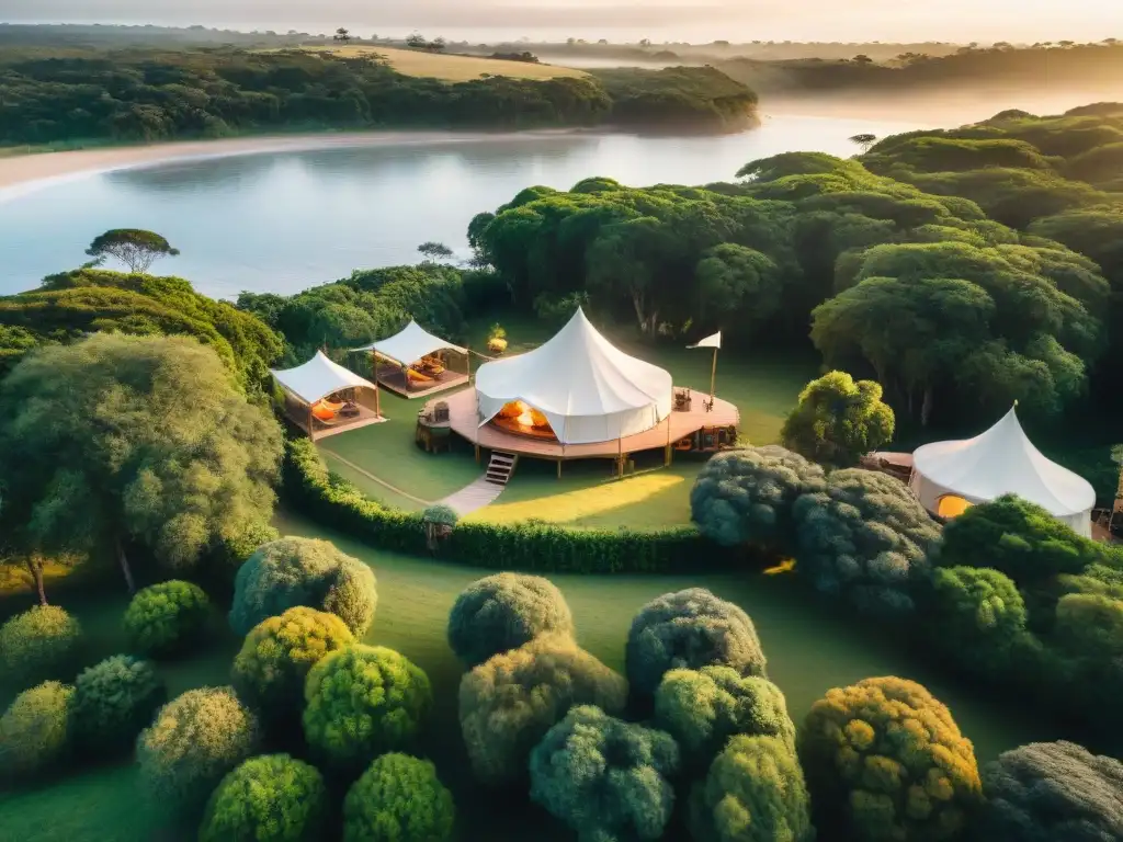 Anochecer cálido en glamping lujoso en Uruguay, con tiendas y áreas al aire libre