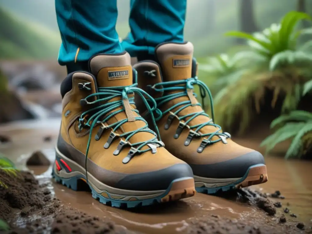 Calzado de trekking para explorar Uruguay: Botas embarradas rodeadas de exuberante vegetación en un sendero desafiante