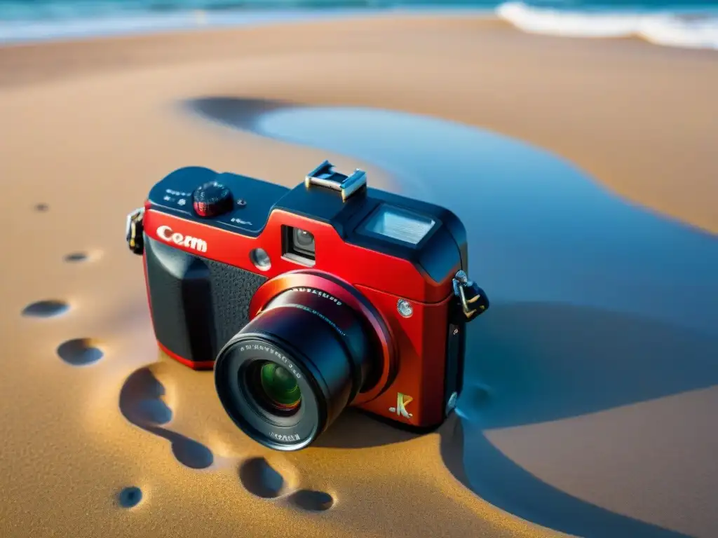 Una cámara acuática roja en la playa con olas cristalinas al fondo, transmitiendo aventura