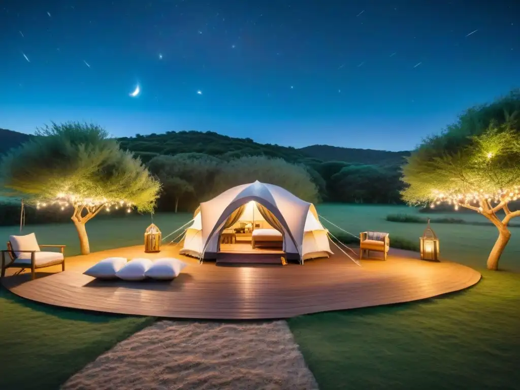 Camas inflables para glamping en Uruguay bajo un cielo estrellado y acogedor