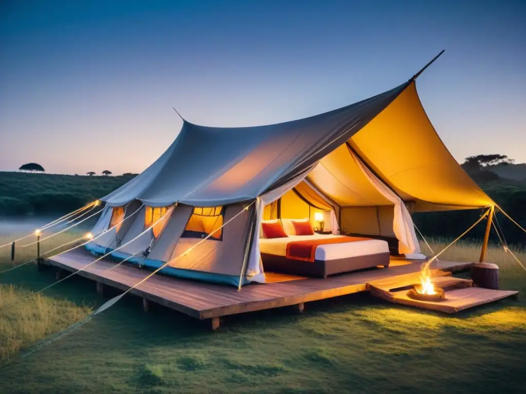 Camas inflables para glamping en Uruguay: lujoso setup con cama inflable en tienda transparente bajo cielo estrellado