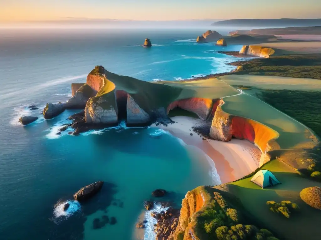 Campamento en acantilado de Uruguay al atardecer con drones para camping