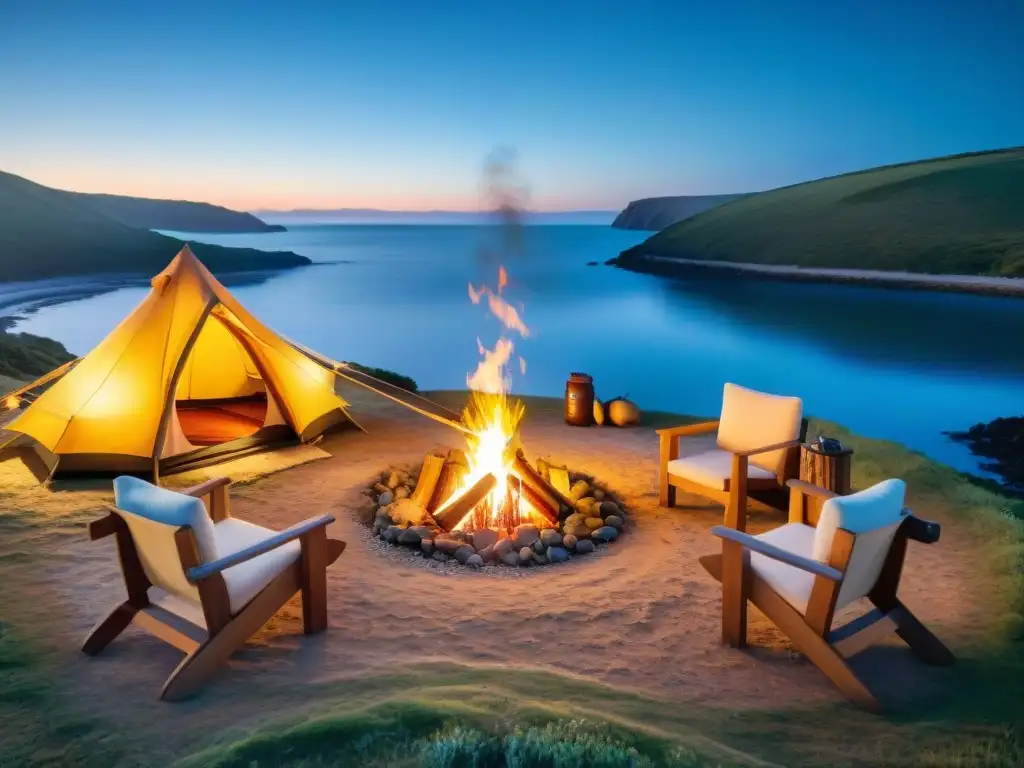 Un campamento acogedor al atardecer en Uruguay con amigos tostando malvaviscos alrededor de una fogata