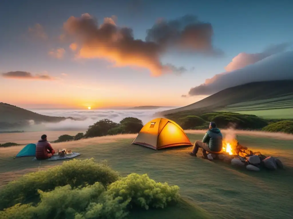 Un campamento acogedor en Uruguay al atardecer, amigos alrededor de la fogata, bajo un cielo estrellado