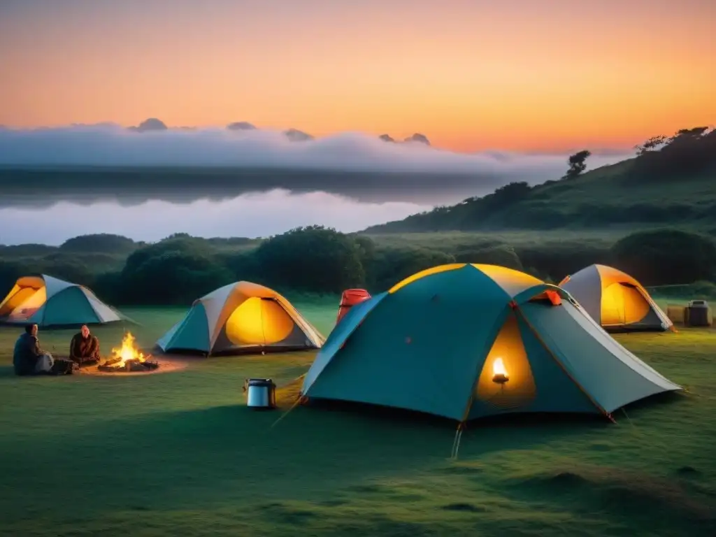 Campamento acogedor en Uruguay al atardecer con campistas compartiendo historias junto a fogata, tiendas de campaña y luz de linternas