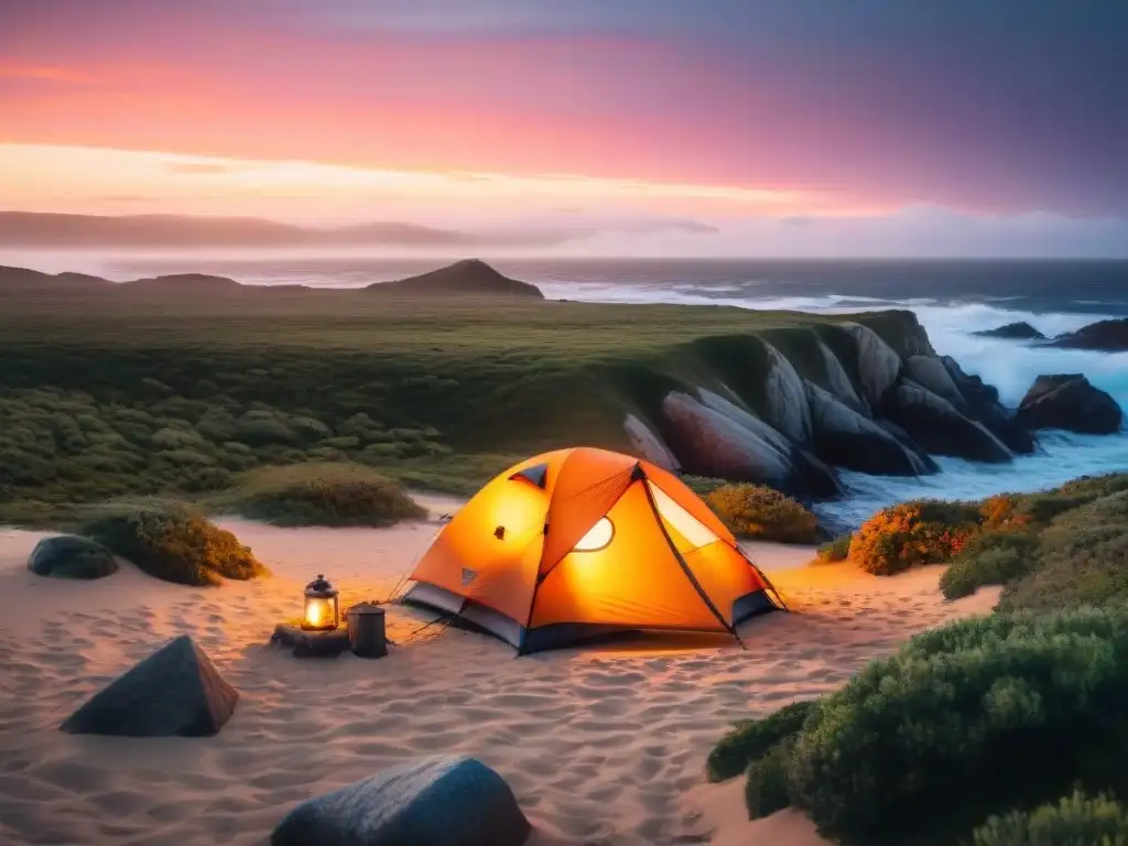 Campamento acogedor iluminado en Cabo Polonio al atardecer, uno de los mejores parques nacionales para acampar en Uruguay