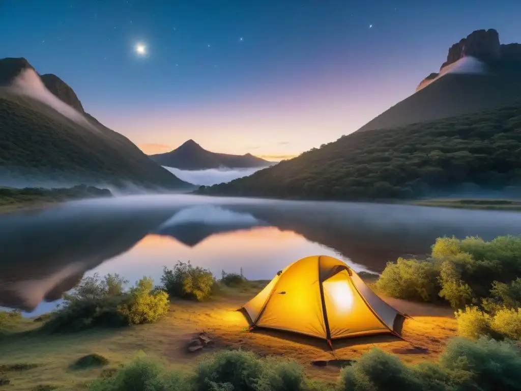 Un campamento acogedor iluminado por una fogata bajo un cielo estrellado en Uruguay