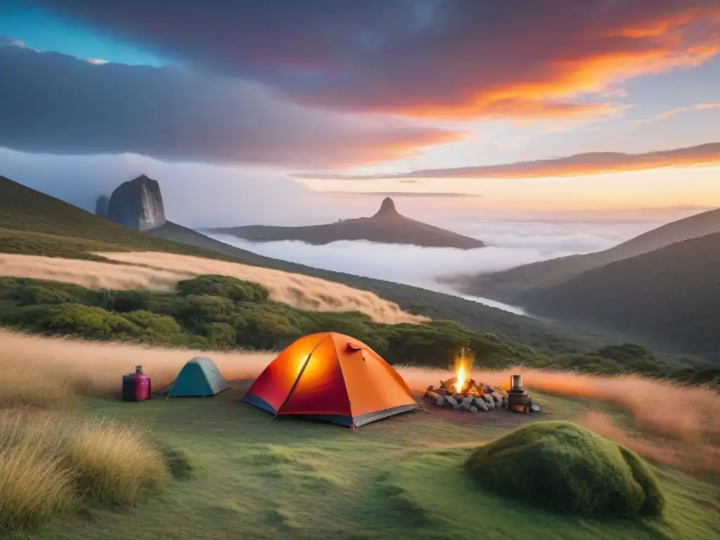 Un campamento acogedor iluminado por una fogata, rodeado de montañas verdes al atardecer en Uruguay