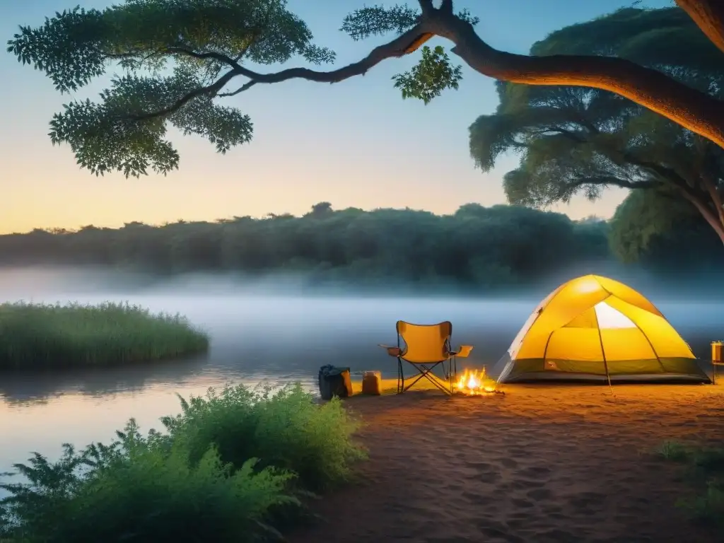 Un campamento acogedor junto al río Uruguay al atardecer, mostrando los beneficios de acampar en la naturaleza