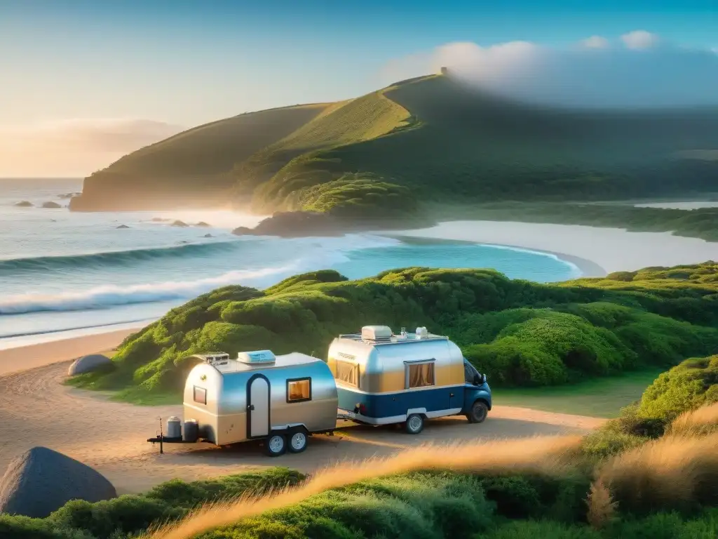 Campamento en Uruguay al amanecer desalinizando agua en la costa, rodeados de naturaleza