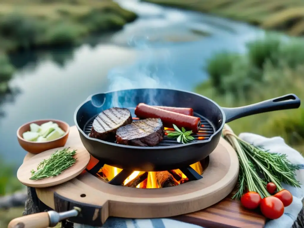 Un campamento al aire libre con cocina, sartén de hierro y asado uruguayo rodeado de naturaleza