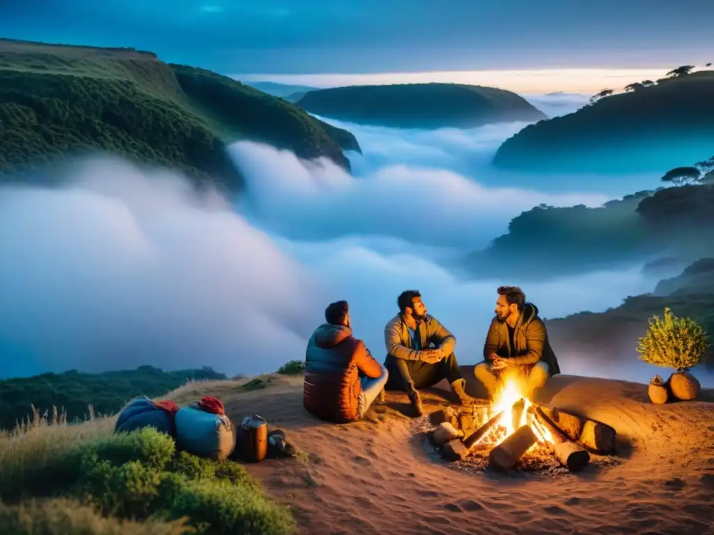 Un campamento aislado en la exuberante naturaleza de Uruguay, con amigos riendo alrededor de la fogata bajo un cielo estrellado