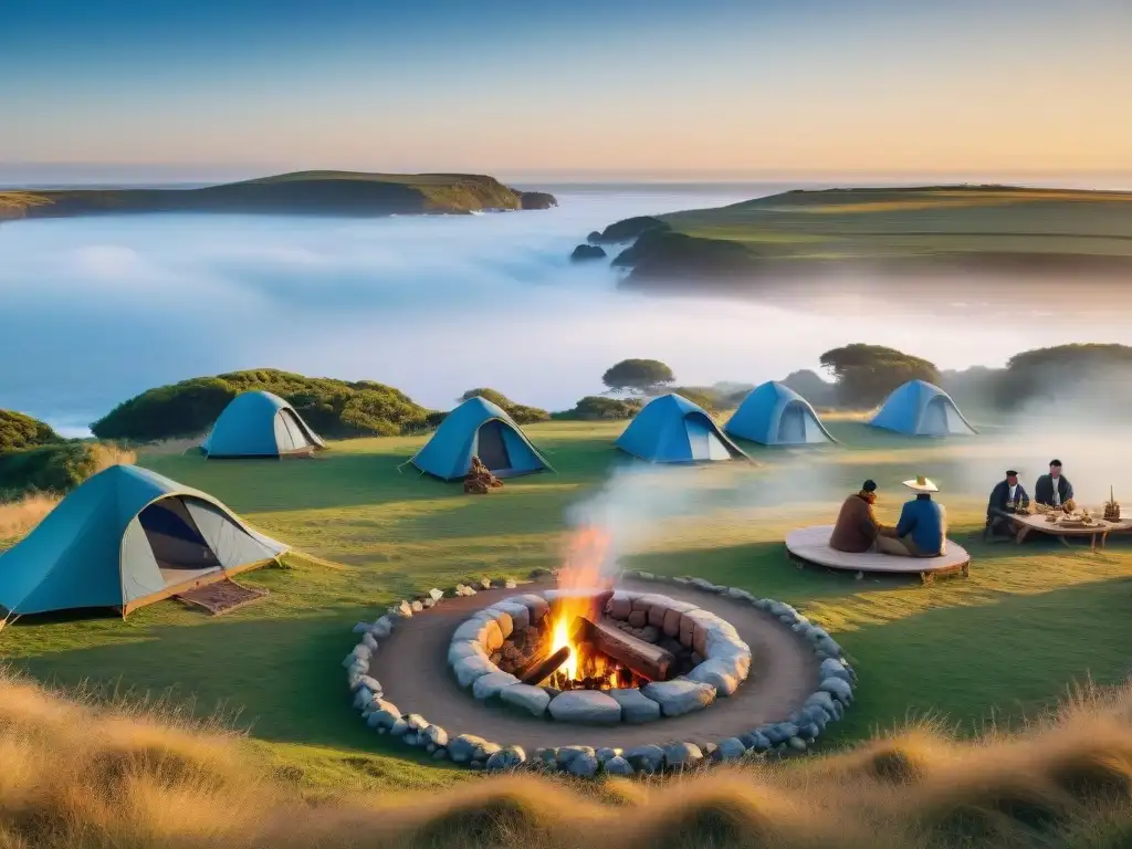 Un campamento en Uruguay con gauchos preparando un asado, campistas felices y diversidad cultural