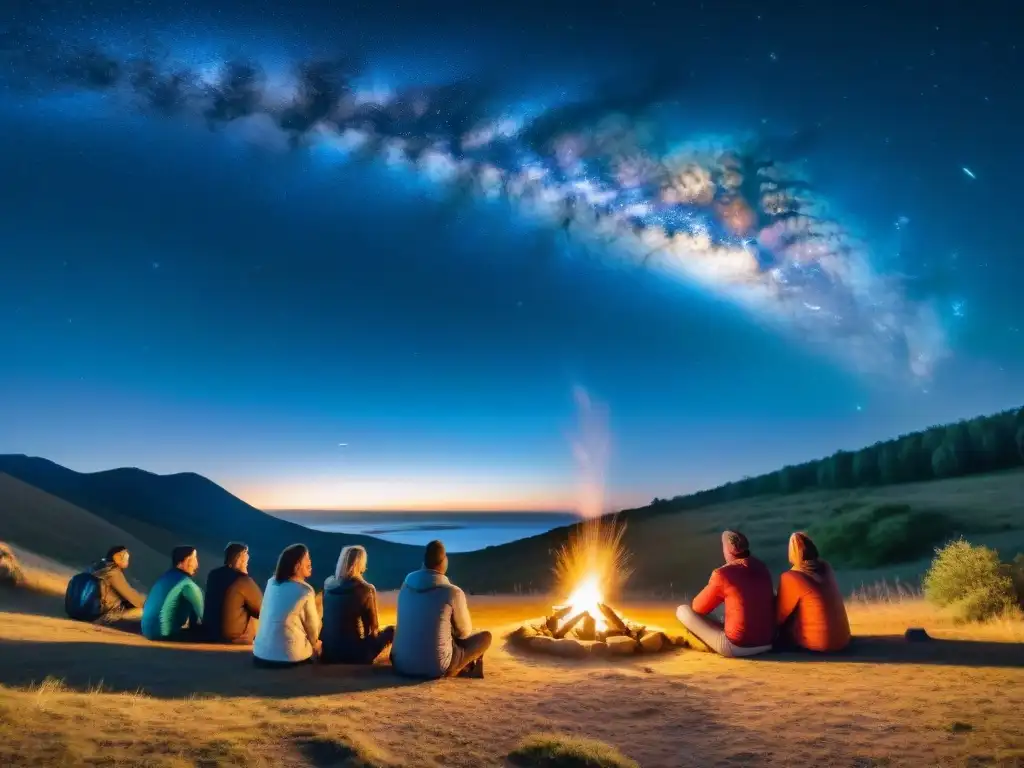 Campamento de observación astronómica en Uruguay: campistas mirando las estrellas alrededor de una fogata bajo un cielo estrellado