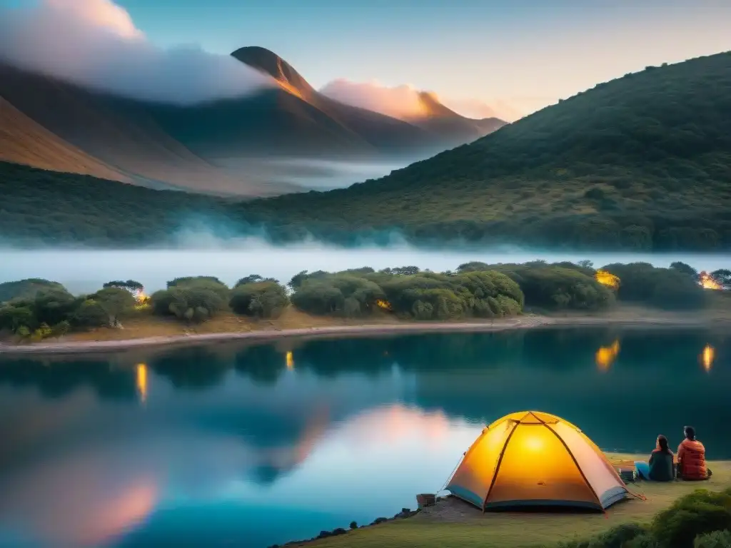 Un campamento en Uruguay al atardecer: amigos riendo junto a la fogata, tienda de campaña y lago sereno