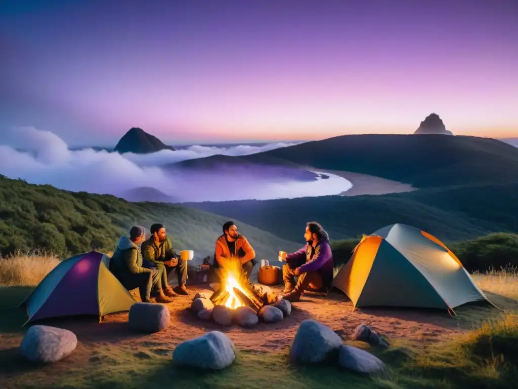 Un campamento en Uruguay al atardecer: amigos riendo junto a la fogata, rodeados de naturaleza