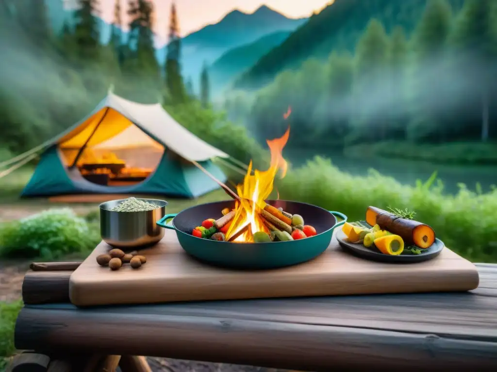 Un campamento al atardecer en un bosque verde, con snacks saludables para camping en Uruguay