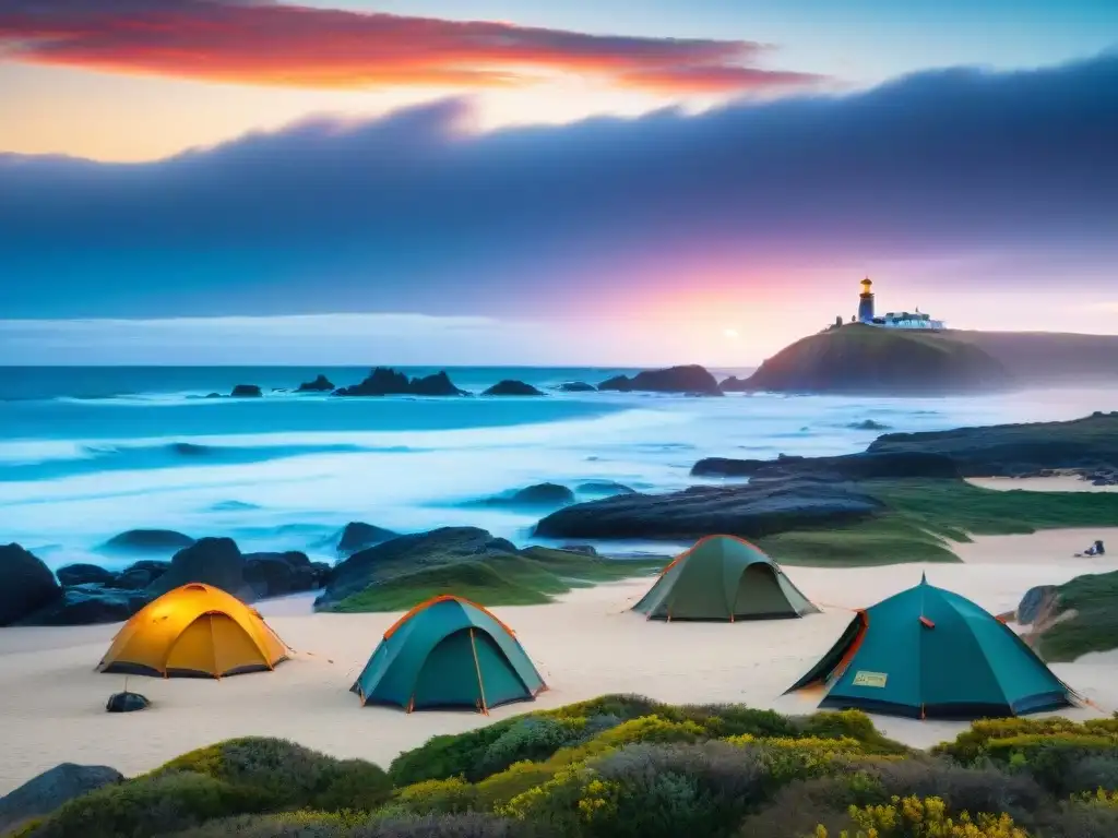 Campamento al atardecer en Cabo Polonio, con la majestuosa silueta del faro y vibrantes colores en el cielo