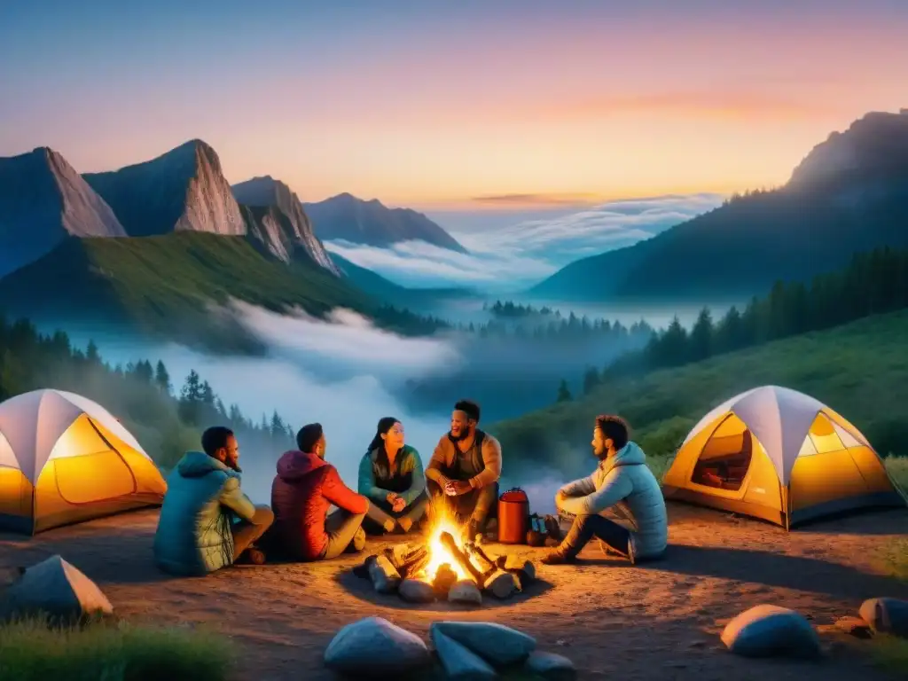 Un campamento al atardecer con fogata y campistas relajándose bajo un cielo estrellado