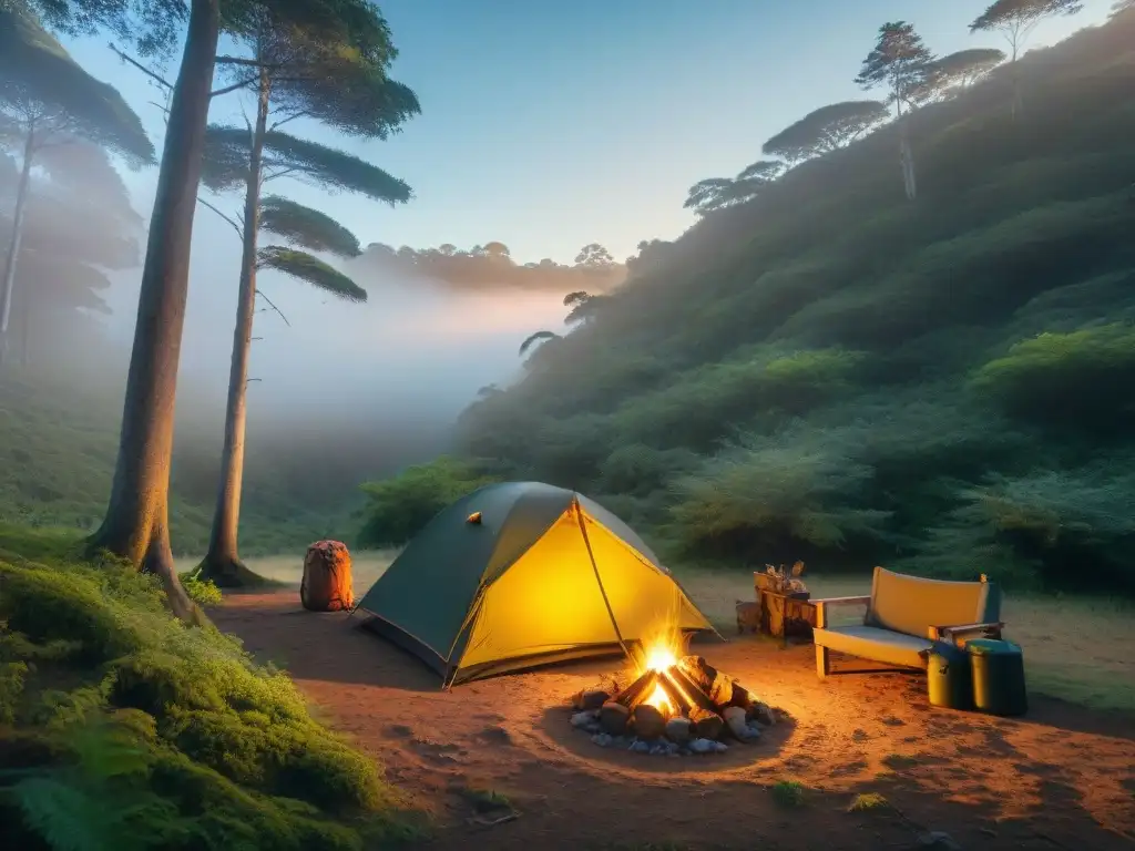 Un campamento en Uruguay al atardecer: fogata encendida, equipo de supervivencia y naturaleza exuberante