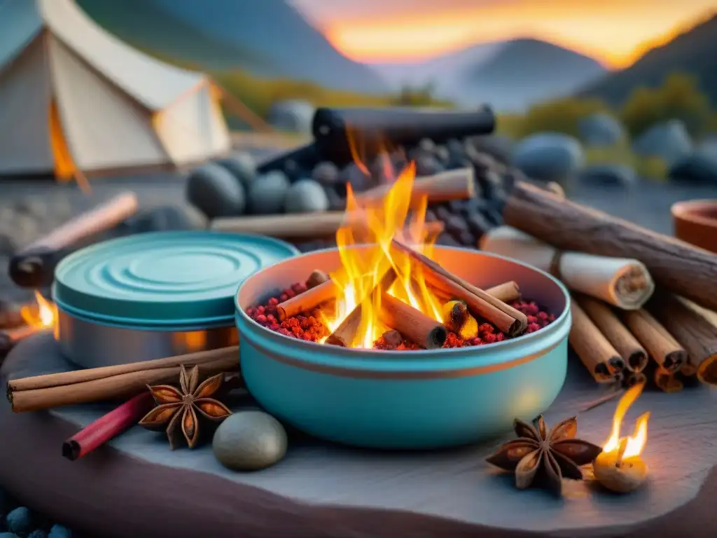 Campamento al atardecer con fogata y especias coloridas en botes