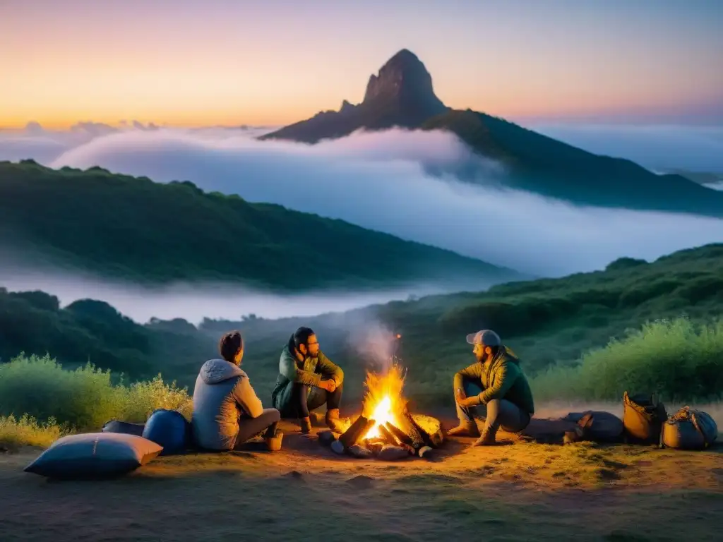 Campamento en Uruguay al atardecer: grupo de campistas alrededor de fogata, rodeados de naturaleza